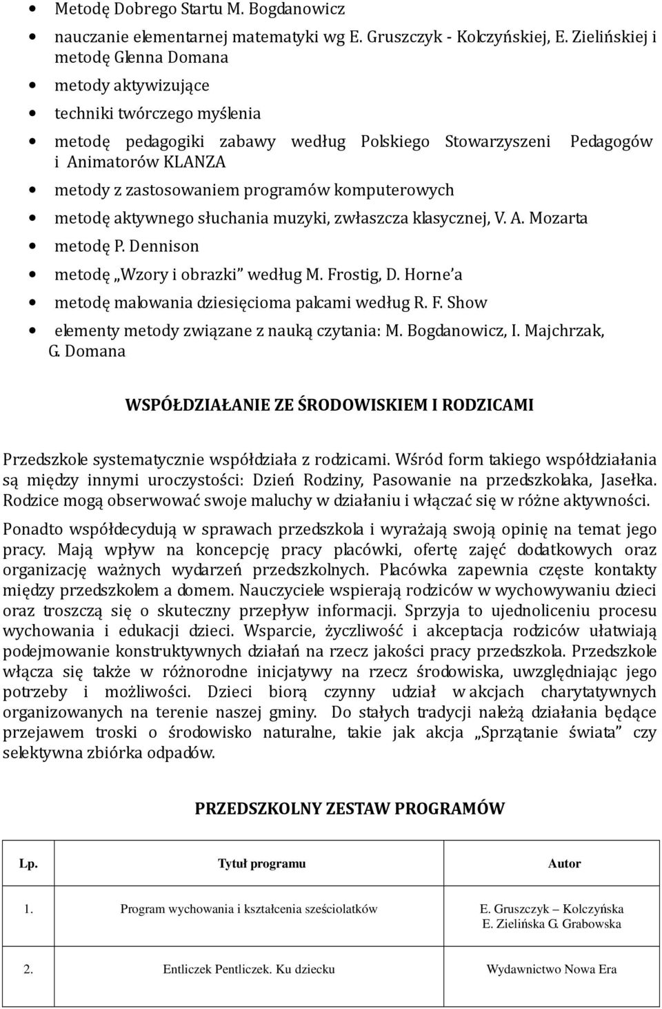 programów komputerowych metodę aktywnego słuchania muzyki, zwłaszcza klasycznej, V. A. Mozarta metodę P. Dennison metodę Wzory i obrazki według M. Frostig, D.