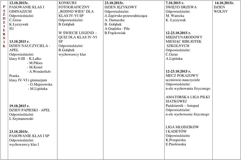 agórska-przewodnicząca A. Damaszke B. Gołąbek A.Grądzka - Pile B.Frąckowiak 7.10.2015 r. ŚWĘTO DRWA M. Warecka K. Łyczywek 12-23.10.2015 r. MĘDYNARODOWY MSĄC BBLOTK SKOLNYCH C.Geras A.