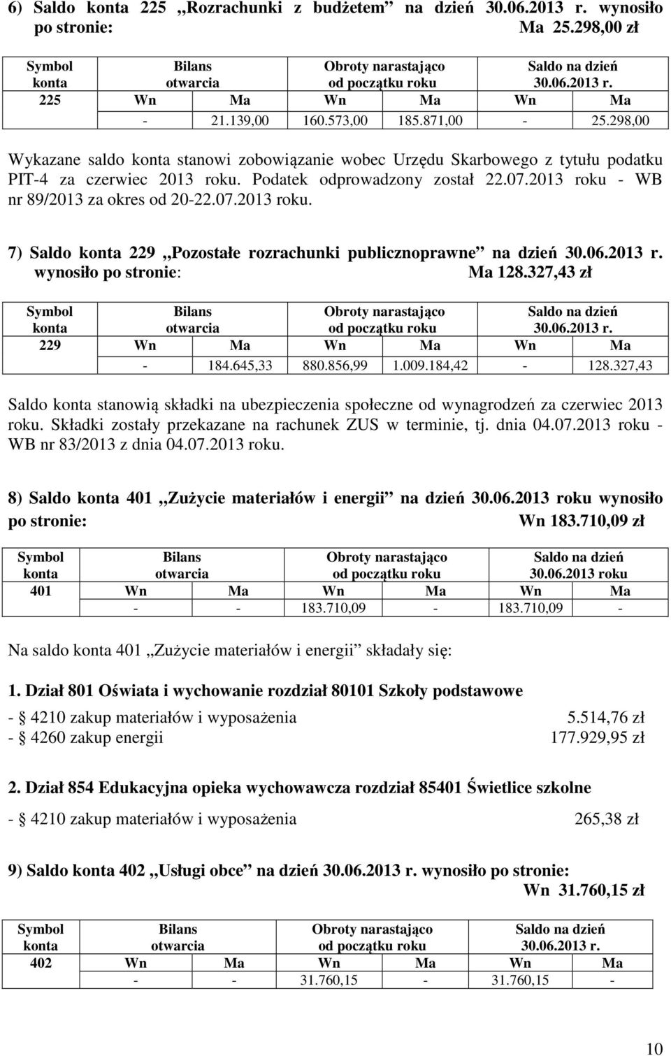 06.2013 r. wynosiło po stronie: Ma 128.327,43 zł 30.06.2013 r. 229 Wn Ma Wn Ma Wn Ma - 184.645,33 880.856,99 1.009.184,42-128.