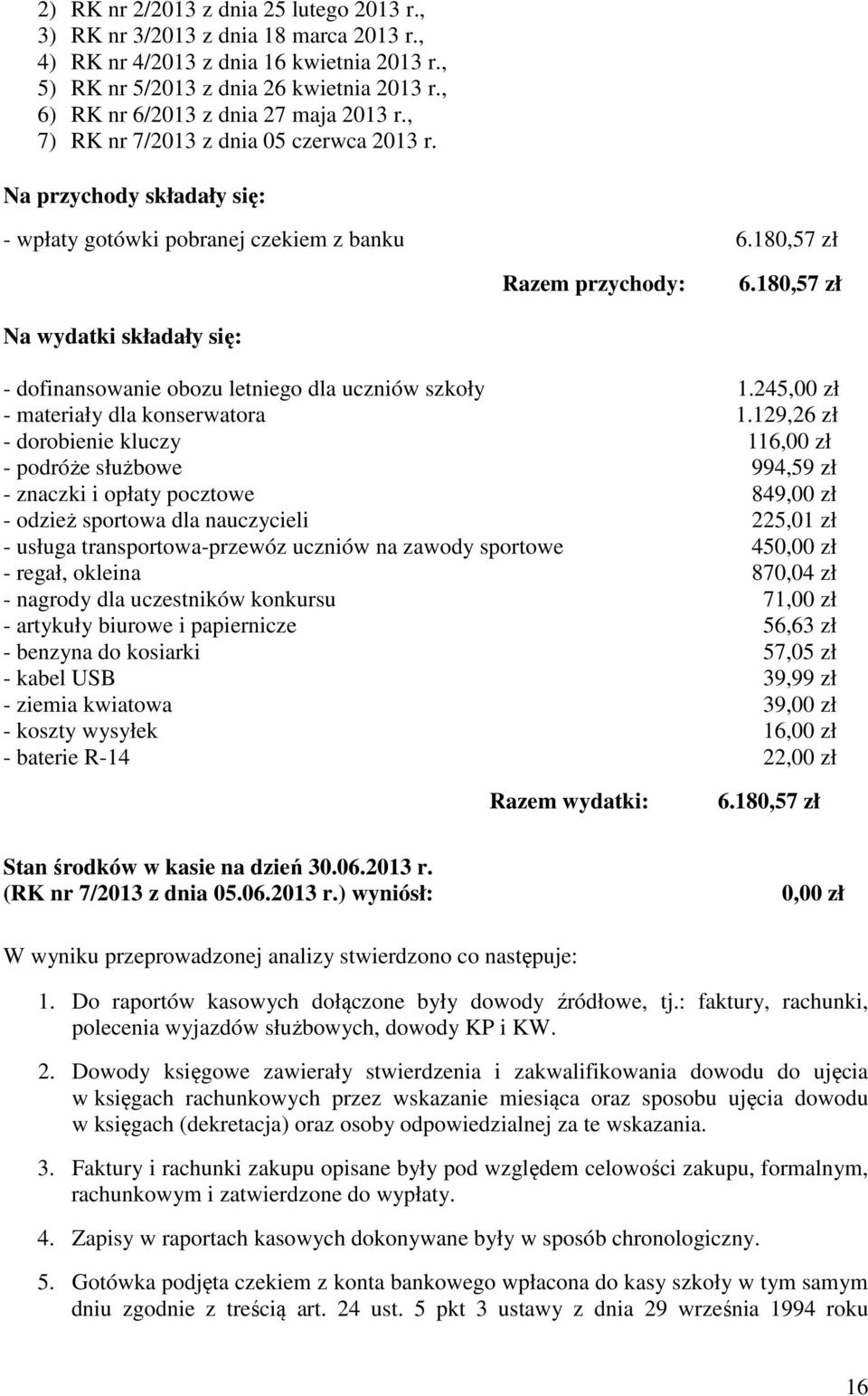 180,57 zł Na wydatki składały się: - dofinansowanie obozu letniego dla uczniów szkoły 1.245,00 zł - materiały dla konserwatora 1.