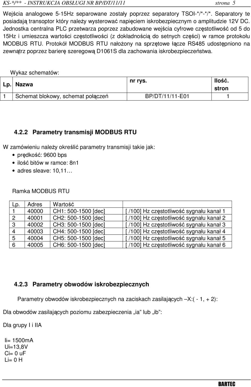 Jednostka centralna PLC przetwarza poprzez zabudowane wejścia cyfrowe częstotliwość od 5 do 15Hz i umieszcza wartości częstotliwości (z dokładnością do setnych części) w ramce protokołu MODBUS RTU.