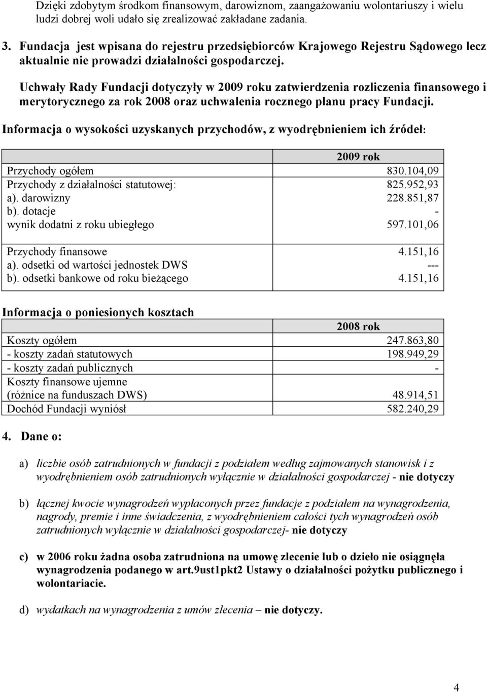 Uchwały Rady Fundacji dotyczyły w 2009 roku zatwierdzenia rozliczenia finansowego i merytorycznego za rok 2008 oraz uchwalenia rocznego planu pracy Fundacji.