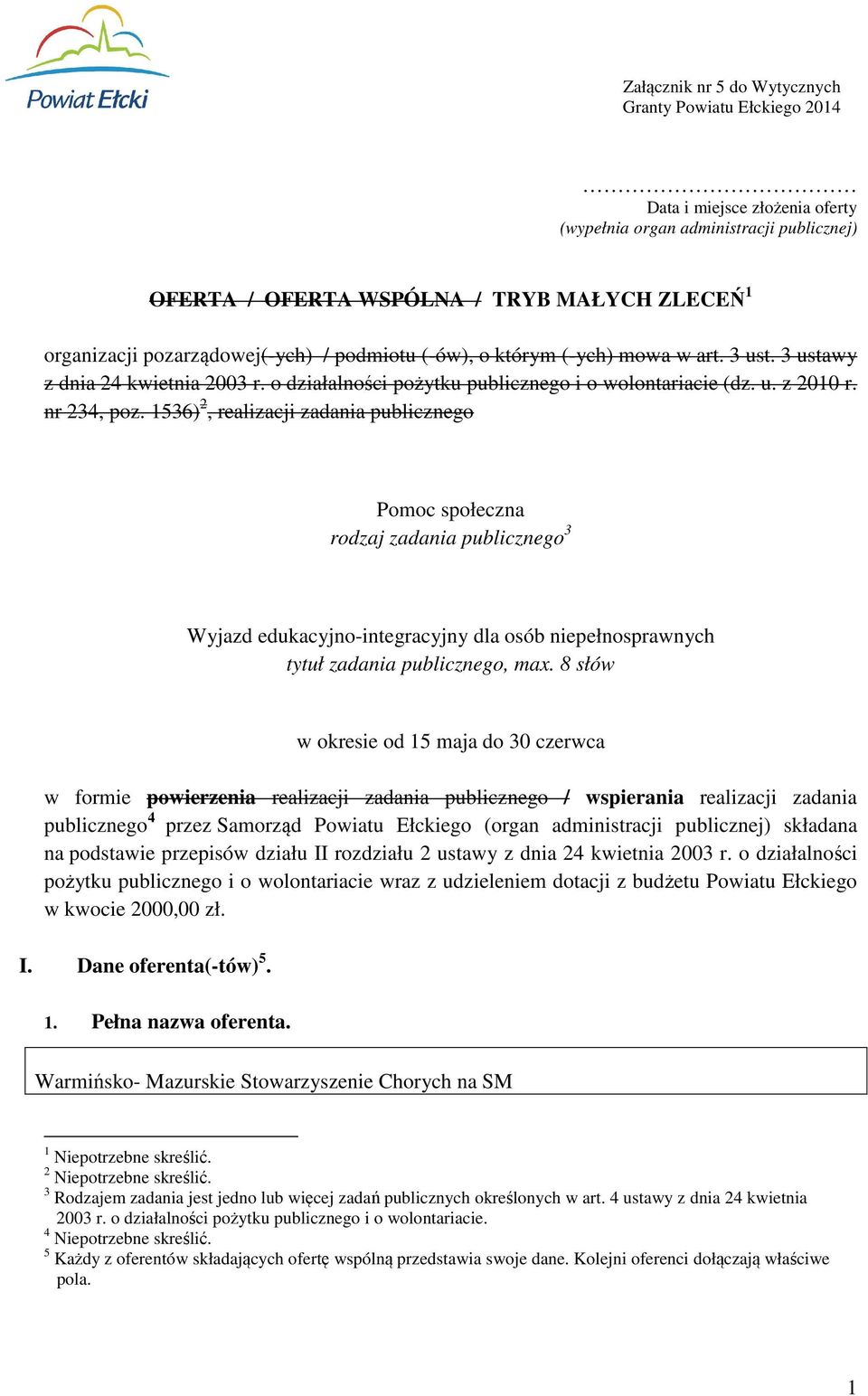 1536) 2, realizacji zadania publicznego Pomoc społeczna rodzaj zadania publicznego 3 Wyjazd edukacyjno-integracyjny dla osób niepełnosprawnych tytuł zadania publicznego, max.