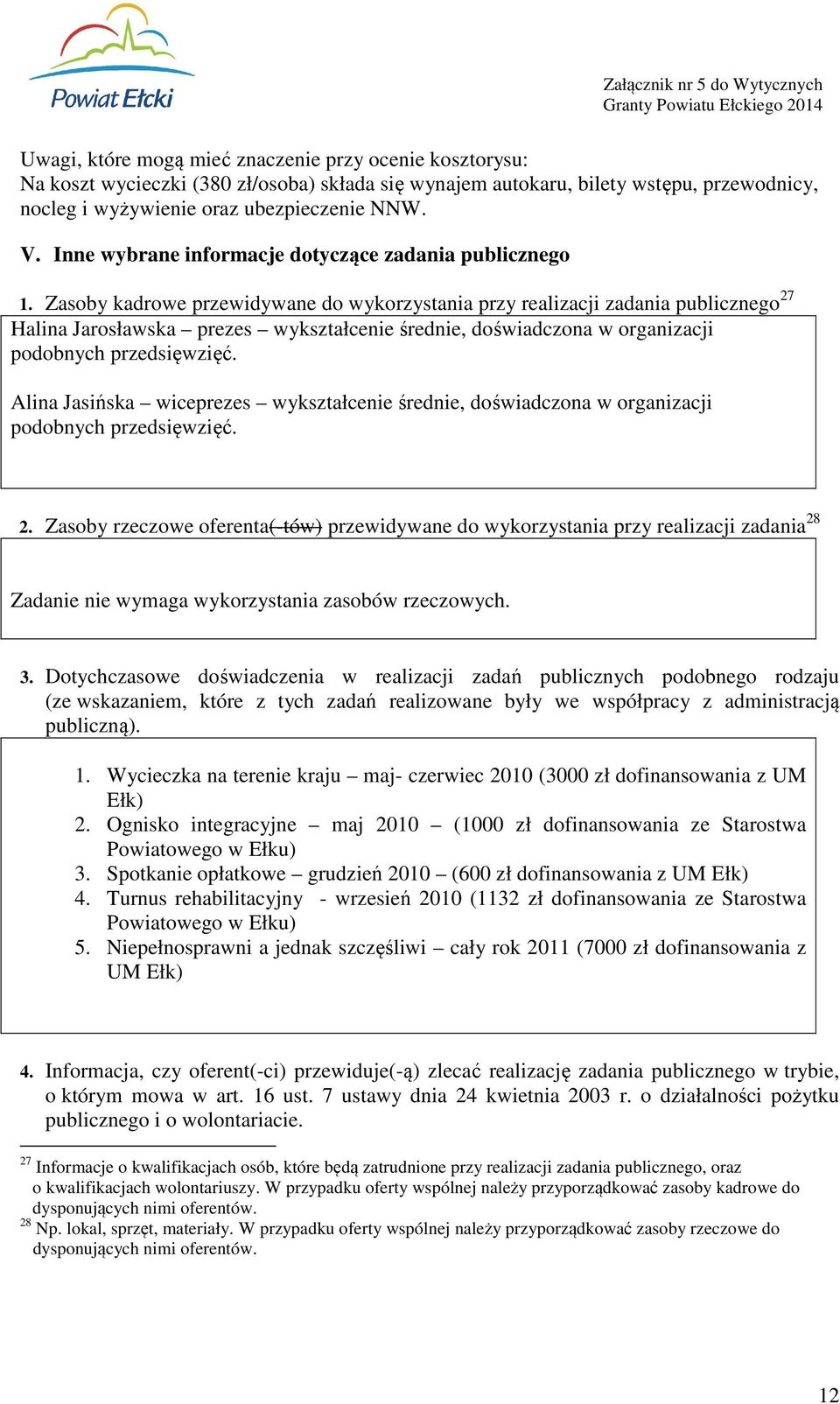 Zasoby kadrowe przewidywane do wykorzystania przy realizacji zadania publicznego 27 Halina Jarosławska prezes wykształcenie średnie, doświadczona w organizacji podobnych przedsięwzięć.