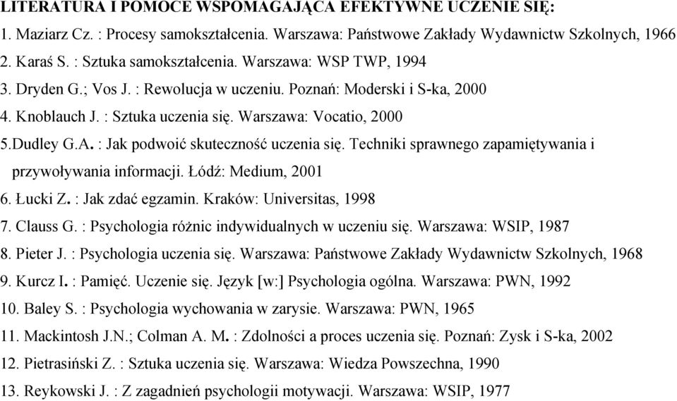 : Jak podwoić skuteczność uczenia się. Techniki sprawnego zapamiętywania i przywoływania informacji. Łódź: Medium, 2001 6. Łucki Z. : Jak zdać egzamin. Kraków: Universitas, 1998 7. Clauss G.