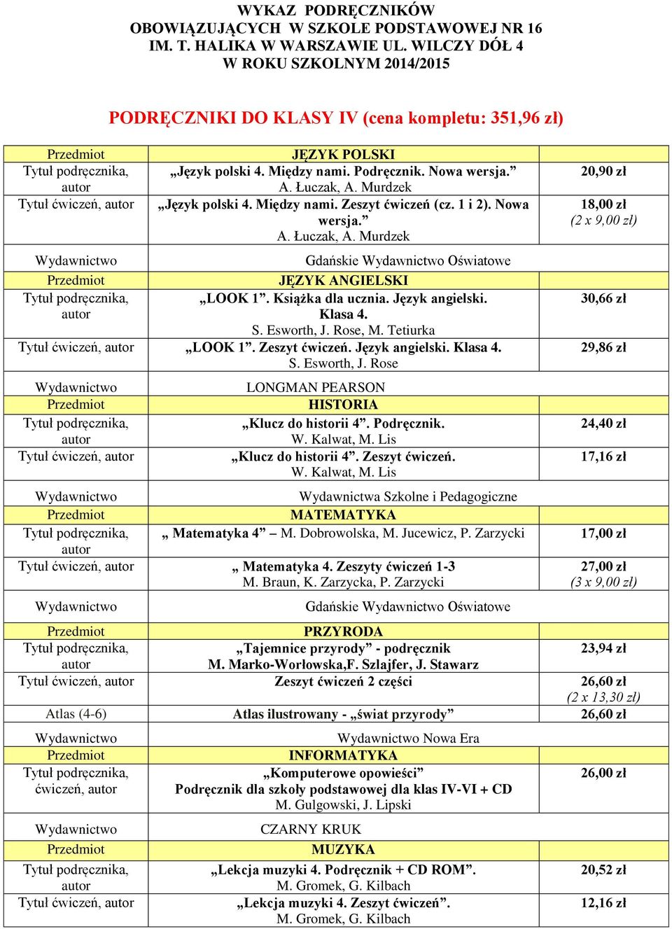 Tetiurka Tytuł ćwiczeń, LOOK 1. Zeszyt ćwiczeń. Język angielski. Klasa 4. S. Esworth, J. Rose Tytuł ćwiczeń, LONGMAN PEARSON HISTORIA Klucz do historii 4. Podręcznik. W. Kalwat, M.