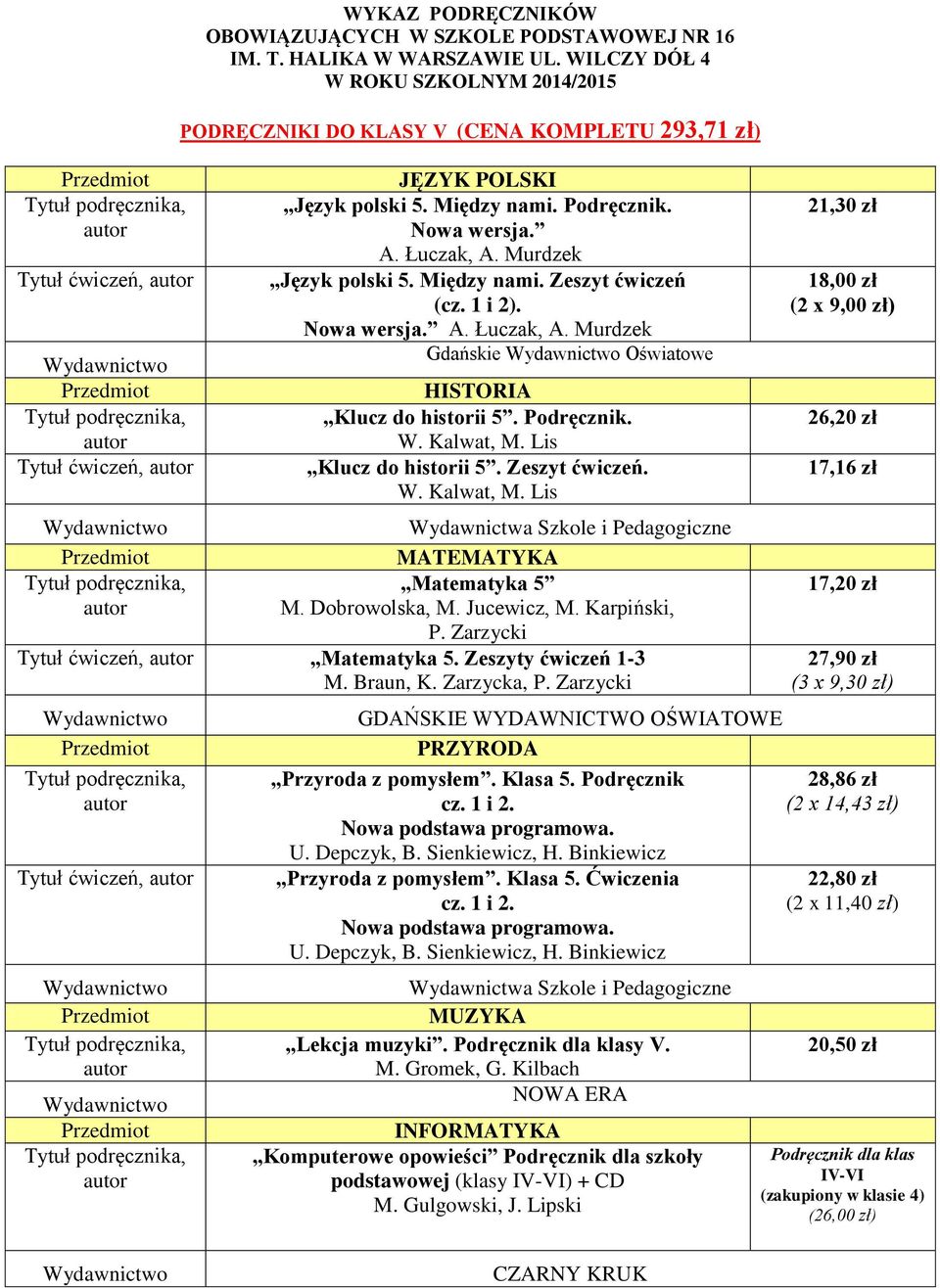 Zeszyt ćwiczeń. W. Kalwat, M. Lis Wydawnictwa Szkole i Pedagogiczne MATEMATYKA Matematyka 5 M. Dobrowolska, M. Jucewicz, M. Karpiński, P. Zarzycki Tytuł ćwiczeń, Matematyka 5. Zeszyty ćwiczeń 1-3 M.