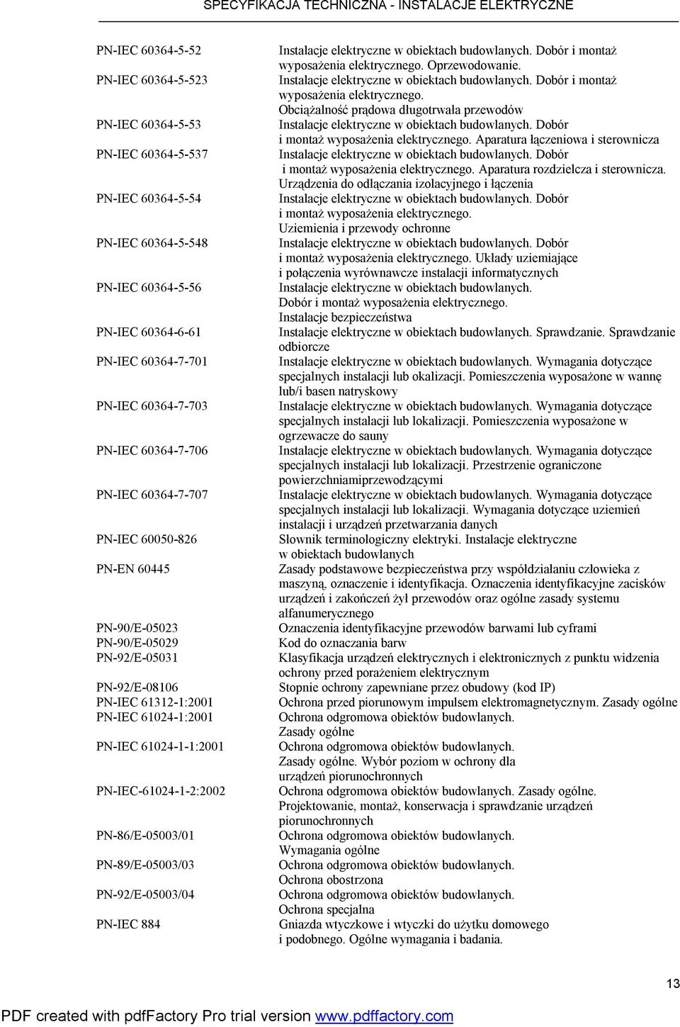 PN-86/E-05003/01 PN-89/E-05003/03 PN-92/E-05003/04 PN-IEC 884 Dobór i montaż wyposażenia elektrycznego. Oprzewodowanie. Dobór i montaż wyposażenia elektrycznego. Obciążalność prądowa długotrwała przewodów Dobór i montaż wyposażenia elektrycznego.