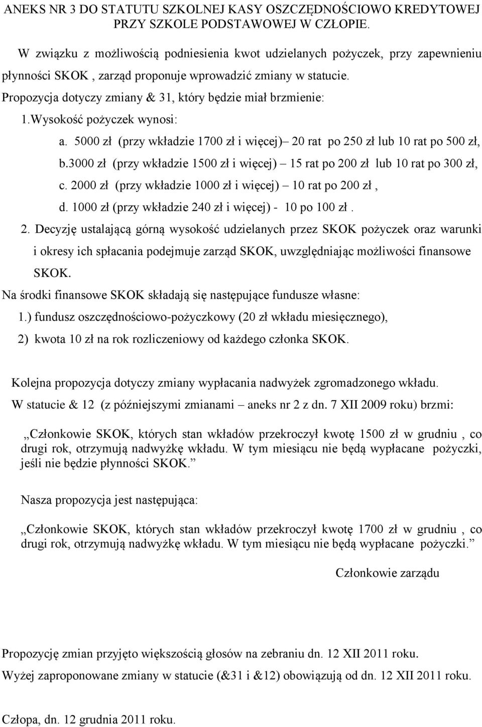 Propozycja dotyczy zmiany & 31, który będzie miał brzmienie: 1.Wysokość pożyczek wynosi: a. 5000 zł (przy wkładzie 1700 zł i więcej) 20 rat po 250 zł lub 10 rat po 500 zł, b.