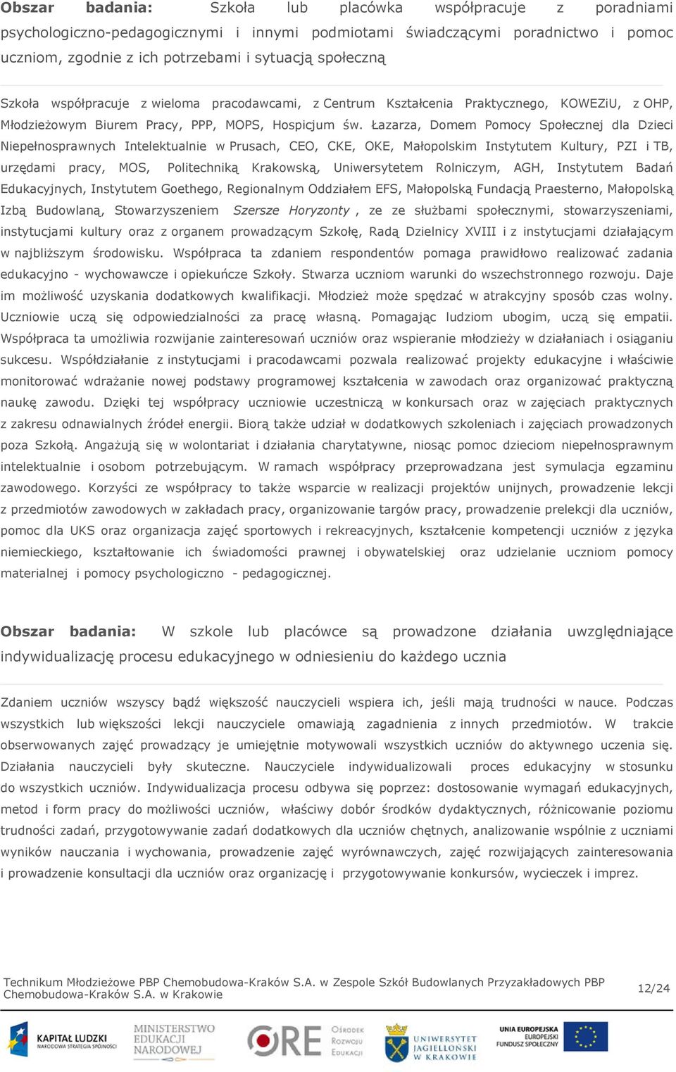 Łazarza, Domem Pomocy Społecznej dla Dzieci Niepełnosprawnych Intelektualnie w Prusach, CEO, CKE, OKE, Małopolskim Instytutem Kultury, PZI i TB, urzędami pracy, MOS, Politechniką Krakowską,