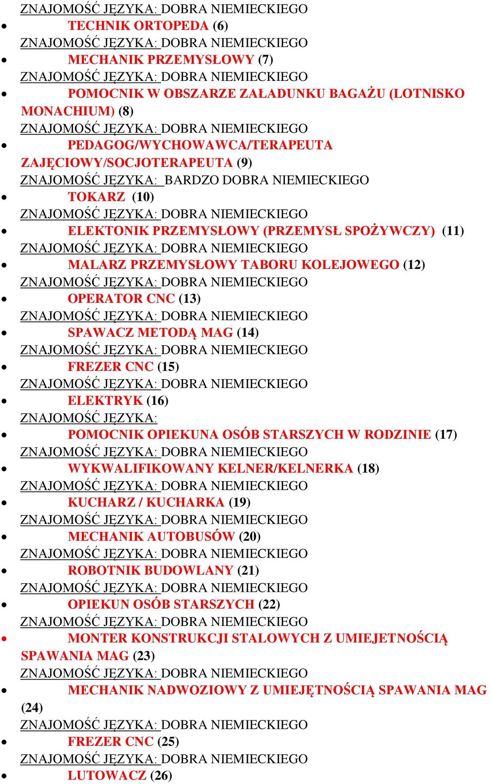 (15) ELEKTRYK (16) ZNAJOMOŚĆ JĘZYKA: POMOCNIK OPIEKUNA OSÓB STARSZYCH W RODZINIE (17) WYKWALIFIKOWANY KELNER/KELNERKA (18) KUCHARZ / KUCHARKA (19) MECHANIK AUTOBUSÓW (20) ROBOTNIK