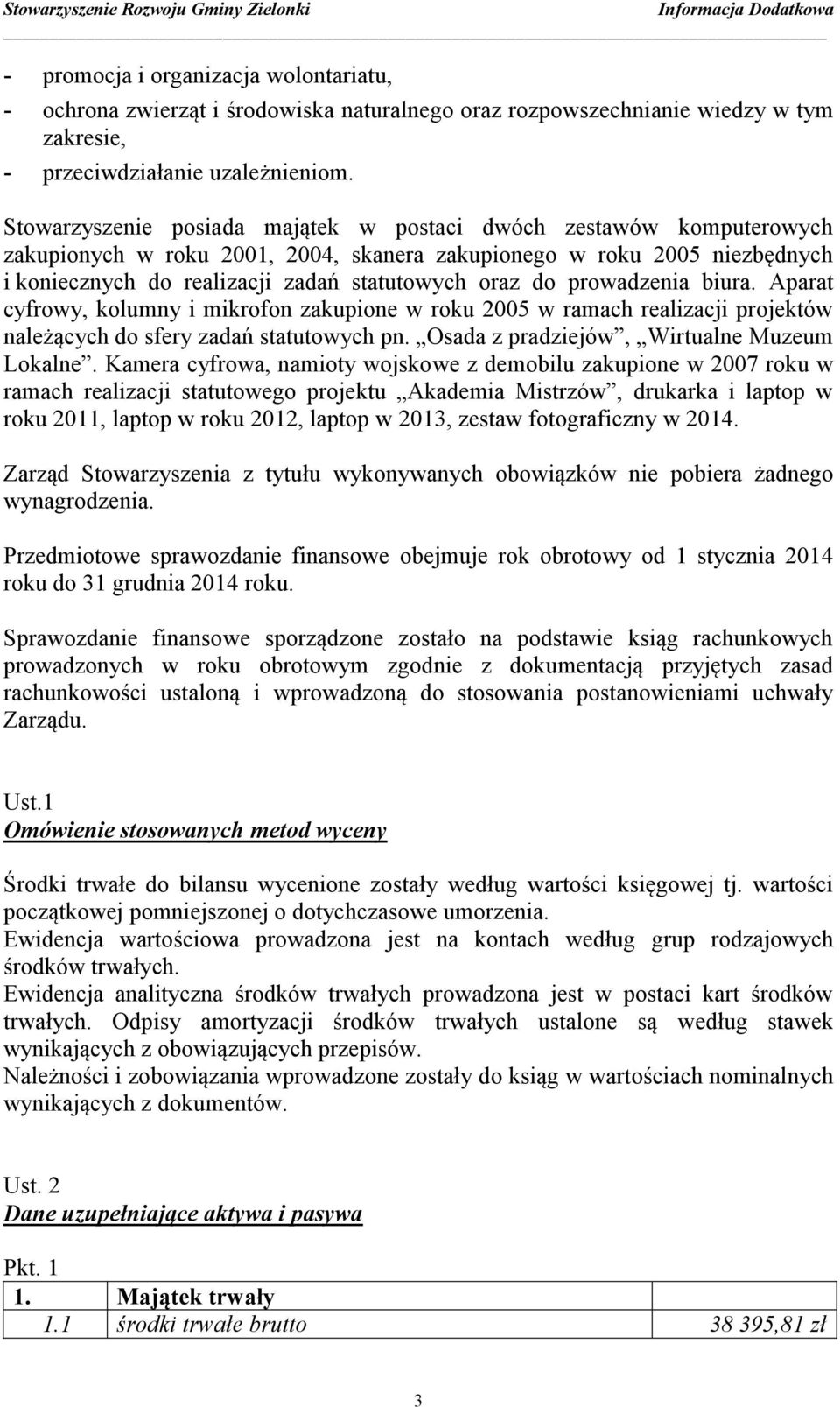 prowadzenia biura. Aparat cyfrowy, kolumny i mikrofon zakupione w roku 2005 w ramach realizacji projektów należących do sfery zadań statutowych pn. Osada z pradziejów, Wirtualne Muzeum Lokalne.