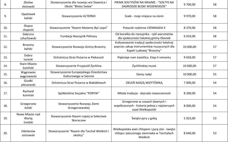 Możemy Być Lepsi" Potyczki rodzinne CIENINIADA II 8 370,00 58 Fundacja Naszyjnik Północy Stowarzyszenie Rozwoju Gminy Brzeziny Od koralika do naszyjnika - cykl warsztatów dla społeczności lokalnej