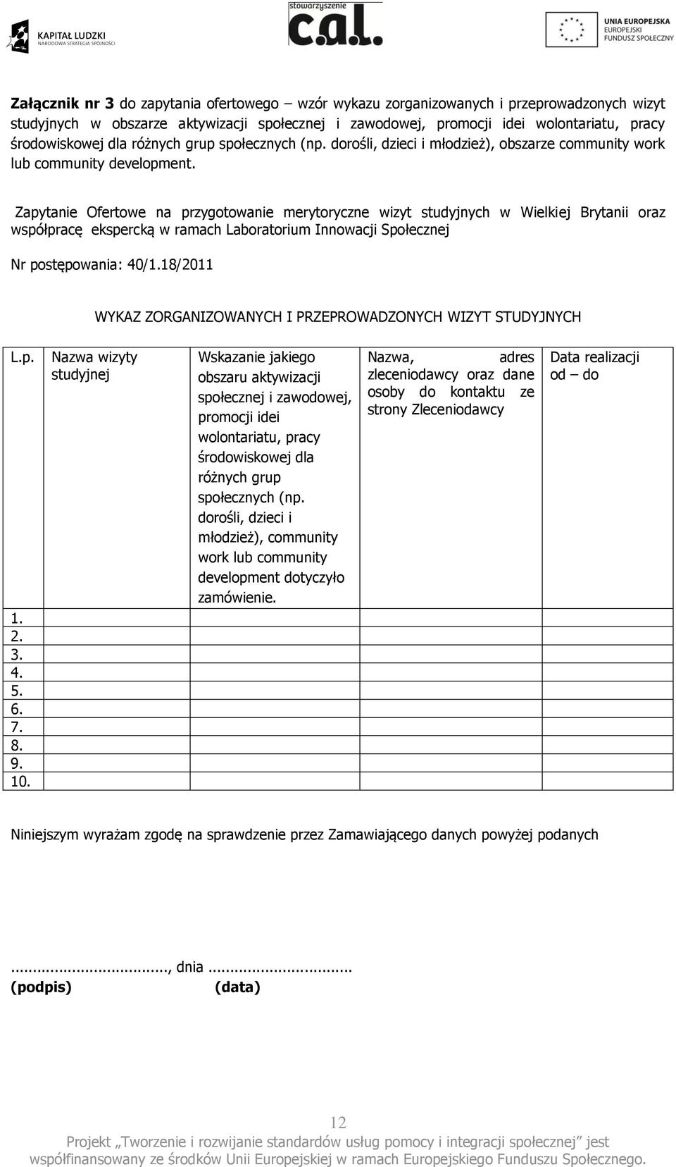 Zapytanie Ofertowe na przygotowanie merytoryczne wizyt studyjnych w Wielkiej Brytanii oraz współpracę ekspercką w ramach Laboratorium Innowacji Społecznej Nr postępowania: 40/1.