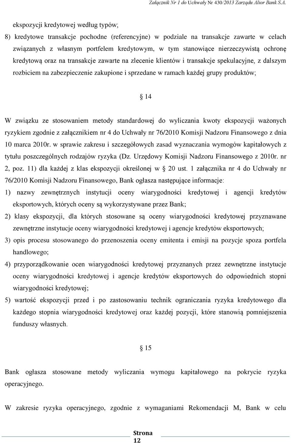 produktów; 14 W związku ze stosowaniem metody standardowej do wyliczania kwoty ekspozycji ważonych ryzykiem zgodnie z załącznikiem nr 4 do Uchwały nr 76/2010 Komisji Nadzoru Finansowego z dnia 10