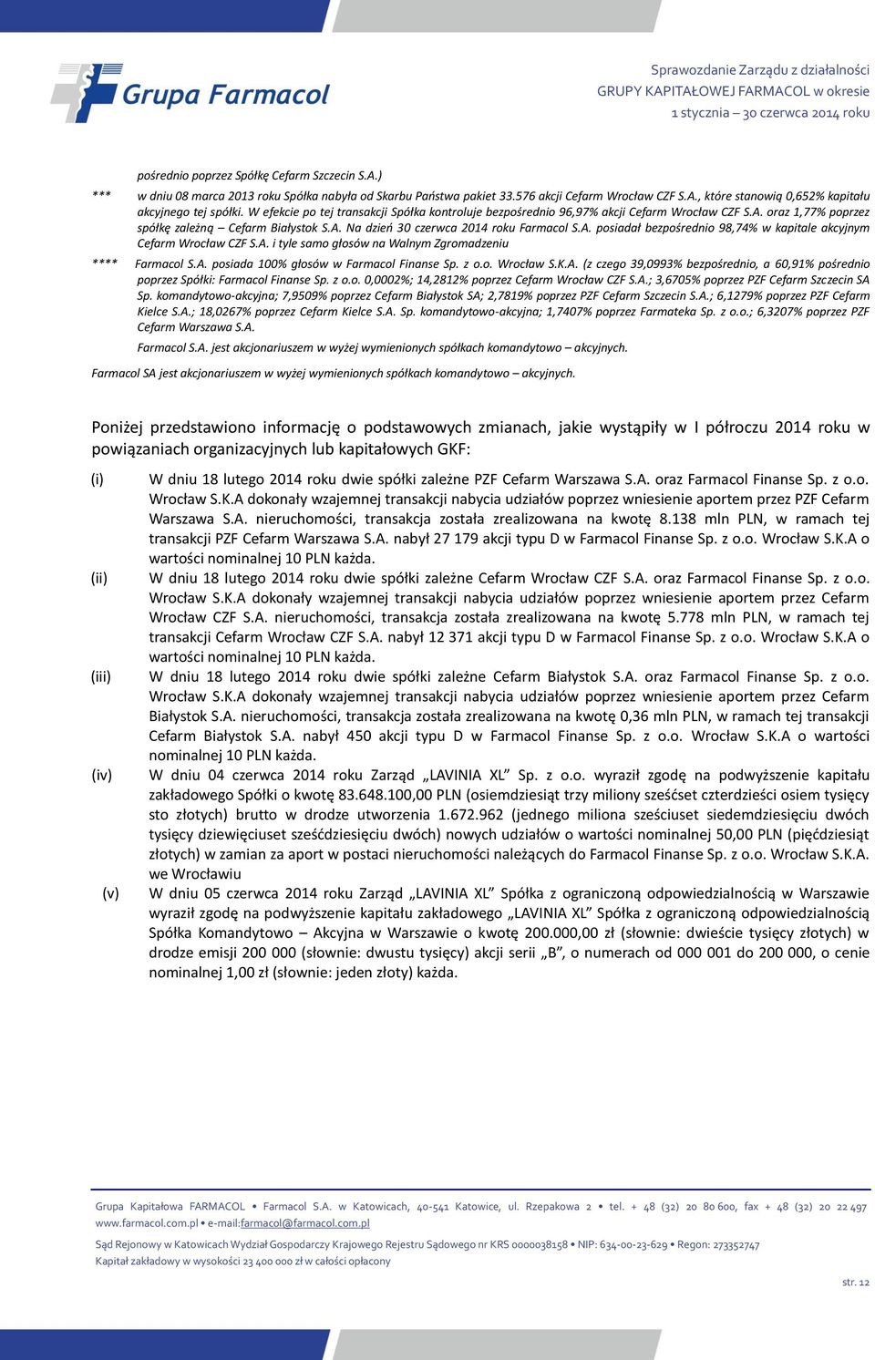 A. i tyle samo głosów na Walnym Zgromadzeniu **** Farmacol S.A. posiada 100% głosów w Farmacol Finanse Sp. z o.o. Wrocław S.K.A. (z czego 39,0993% bezpośrednio, a 60,91% pośrednio poprzez Spółki: Farmacol Finanse Sp.