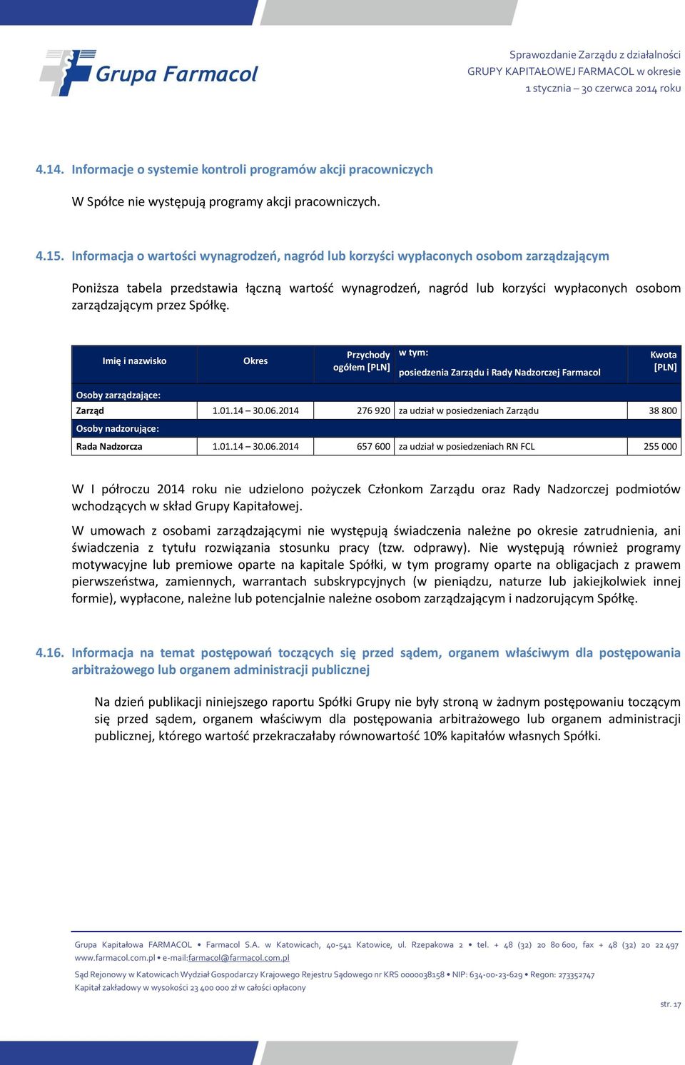 przez Spółkę. Imię i nazwisko Okres Przychody ogółem [PLN] w tym: posiedzenia Zarządu i Rady Nadzorczej Farmacol Kwota [PLN] Osoby zarządzające: Zarząd 1.01.14 30.06.