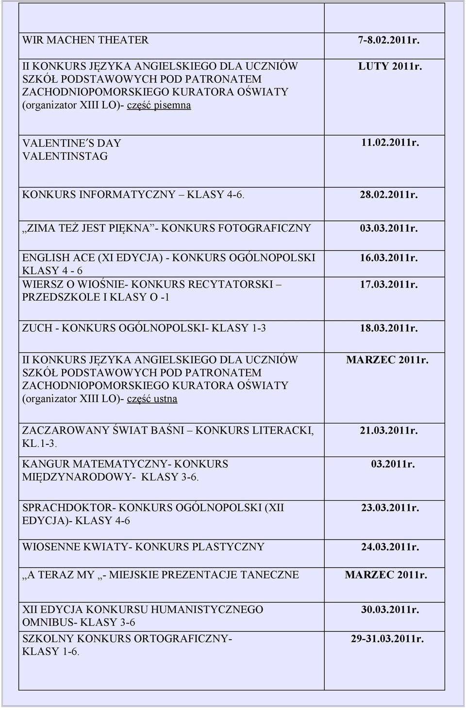 03.2011r. 17.03.2011r. ZUCH - KONKURS OGÓLNOPOLSKI- KLASY 1-3 18.03.2011r. II KONKURS JĘZYKA ANGIELSKIEGO DLA UCZNIÓW SZKÓŁ PODSTAWOWYCH POD PATRONATEM ZACHODNIOPOMORSKIEGO KURATORA OŚWIATY (organizator XIII LO)- część ustna MARZEC 2011r.