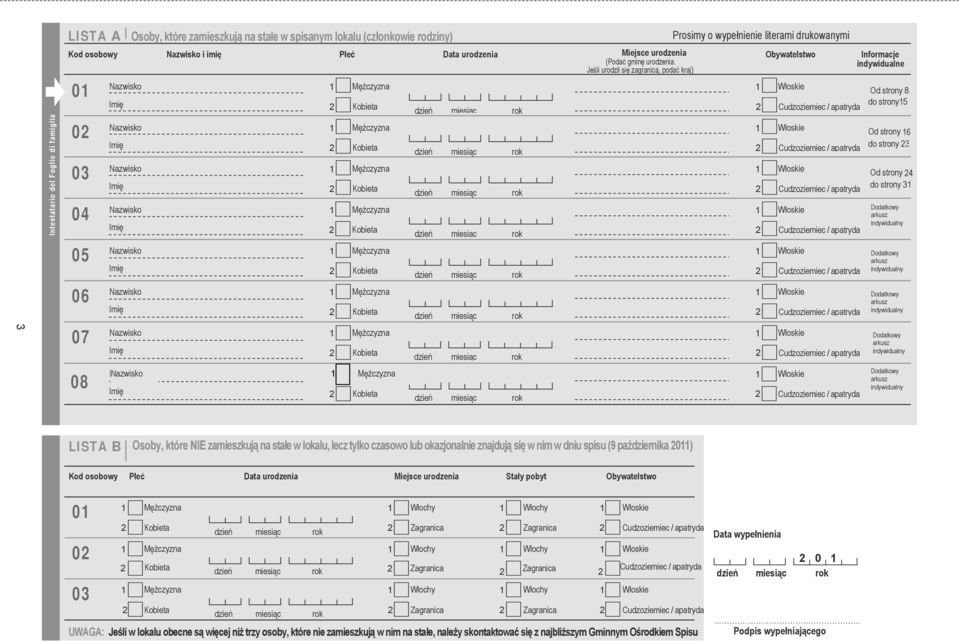 indywidualne Jeśli urodził się zagranicą, podać kraj) 0 0 0 0 05 06 07 08 Prosimy o wypełnienie literami drukowanymi Nazwisko Mężczyzna Włoskie Od strony 8 Imię do strony5 Kobieta dzień miesiąc rok