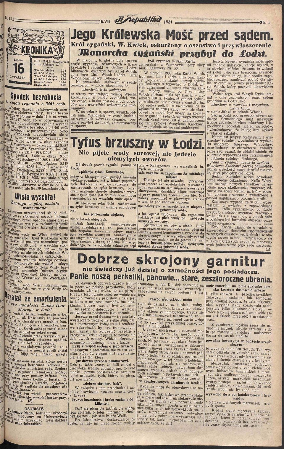 Ł Jego Królewska Mość przed sądem. Król cygański, W. Kwiek, oskarżony o oszustwo i przywłaszczenie. JRonarcha cygański przybył do odxi. W marcu r. b.