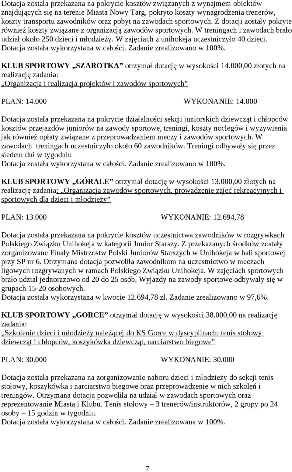 W zajęciach z unihokeja uczestniczyło 40 dzieci. Dotacja została wykorzystana w całości. Zadanie zrealizowano w 100%. KLUB SPORTOWY SZAROTKA otrzymał dotację w wysokości 14.