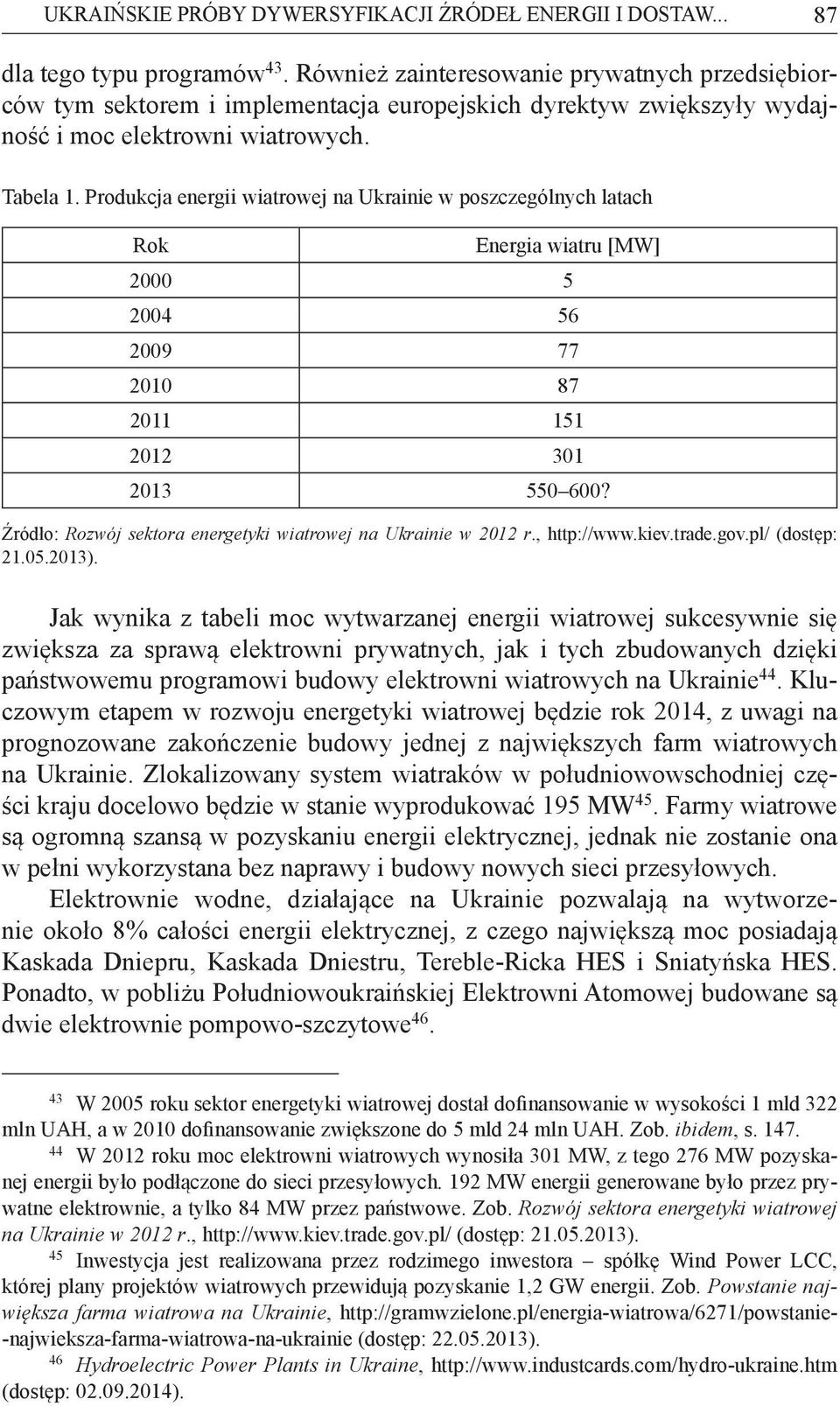 Produkcja energii wiatrowej na Ukrainie w poszczególnych latach Rok Energia wiatru [MW] 2000 5 2004 56 2009 77 2010 87 2011 151 2012 301 2013 550 600?