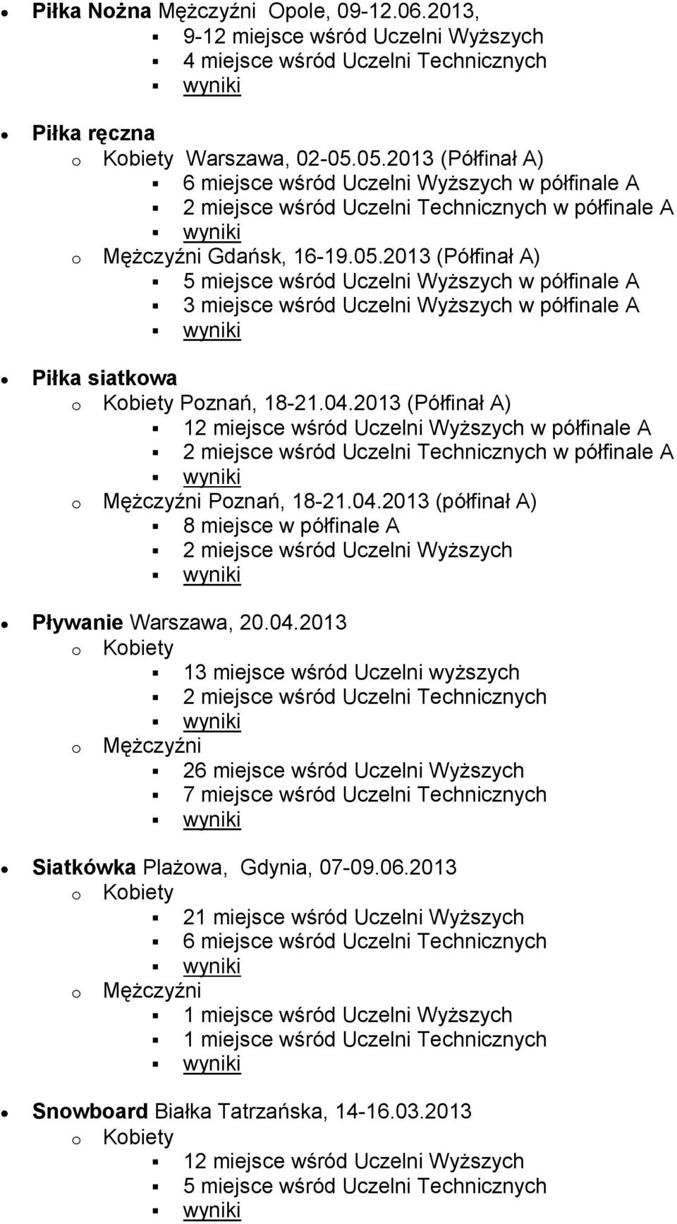 04.2013 (Półfinał A) 12 miejsce wśród Uczelni Wyższych w półfinale A w półfinale A Poznań, 18-21.04.2013 (półfinał A) 8 miejsce w półfinale A 2 miejsce wśród Uczelni Wyższych Pływanie Warszawa, 20.04.2013 13 miejsce wśród Uczelni wyższych 26 miejsce wśród Uczelni Wyższych 7 miejsce wśród Uczelni Technicznych Siatkówka Plażowa, Gdynia, 07-09.