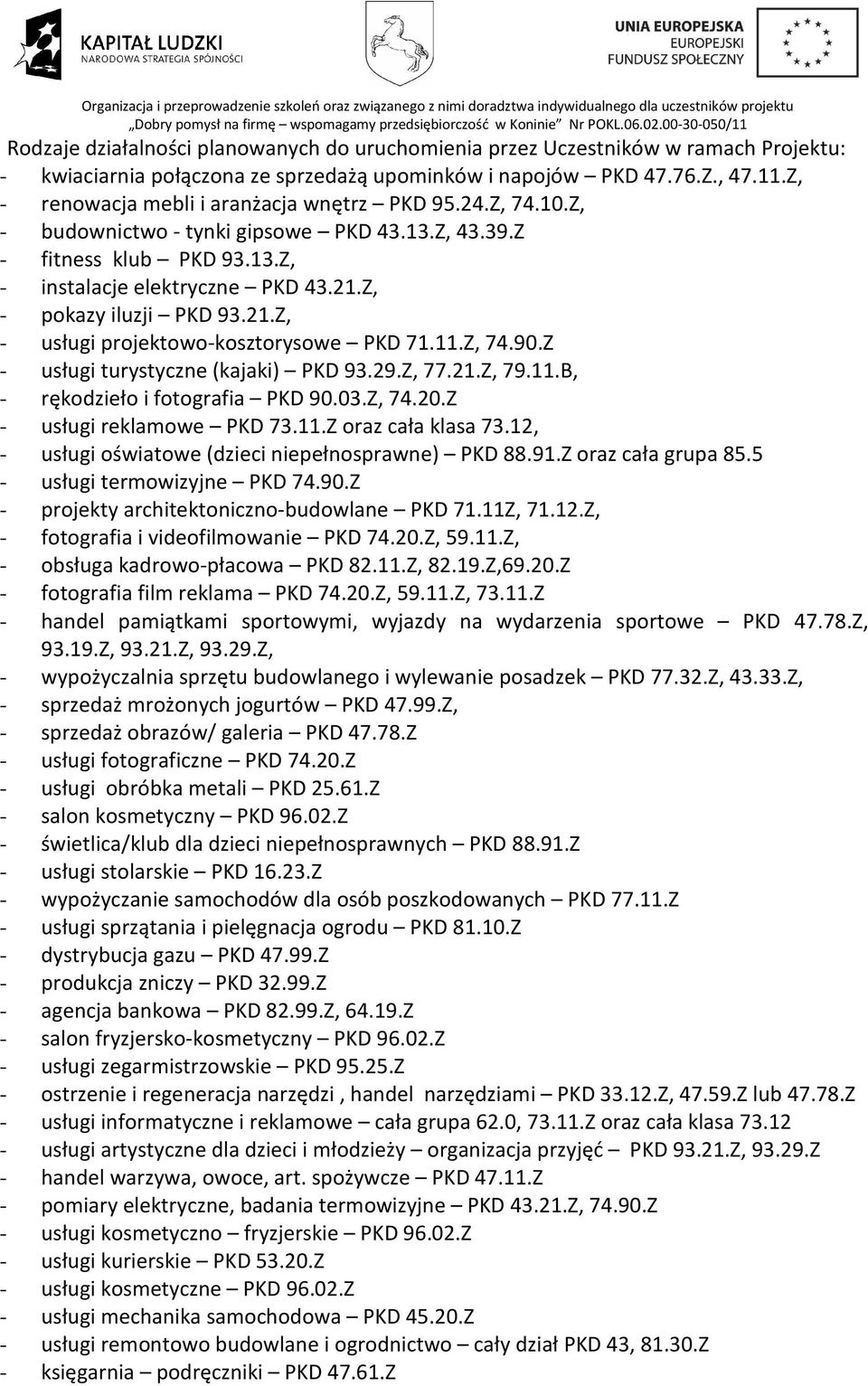 Z, - pokazy iluzji PKD 93.21.Z, - usługi projektowo-kosztorysowe PKD 71.11.Z, 74.90.Z - usługi turystyczne (kajaki) PKD 93.29.Z, 77.21.Z, 79.11.B, - rękodzieło i fotografia PKD 90.03.Z, 74.20.