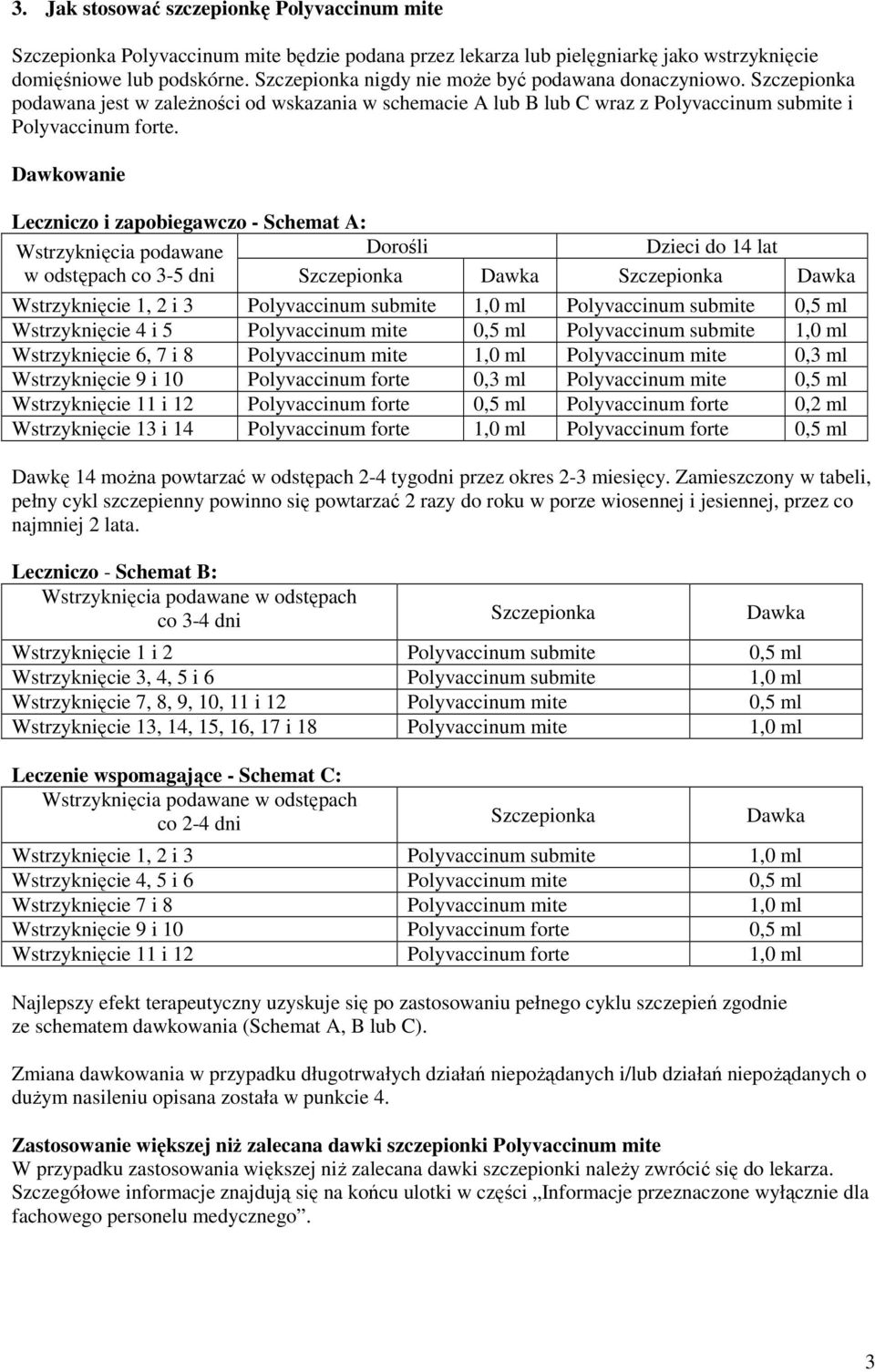 Dawkowanie Leczniczo i zapobiegawczo - Schemat A: Wstrzyknięcia podawane Dorośli Dzieci do 14 lat w odstępach co 3-5 dni Szczepionka Dawka Szczepionka Dawka Wstrzyknięcie 1, 2 i 3 Polyvaccinum