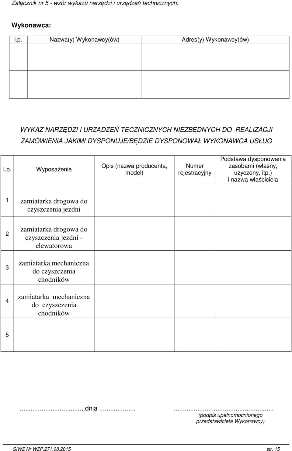 Lp. WyposaŜenie Opis (nazwa producenta, model) Numer rejestracyjny Podstawa dysponowania zasobami (własny, uŝyczony, itp.