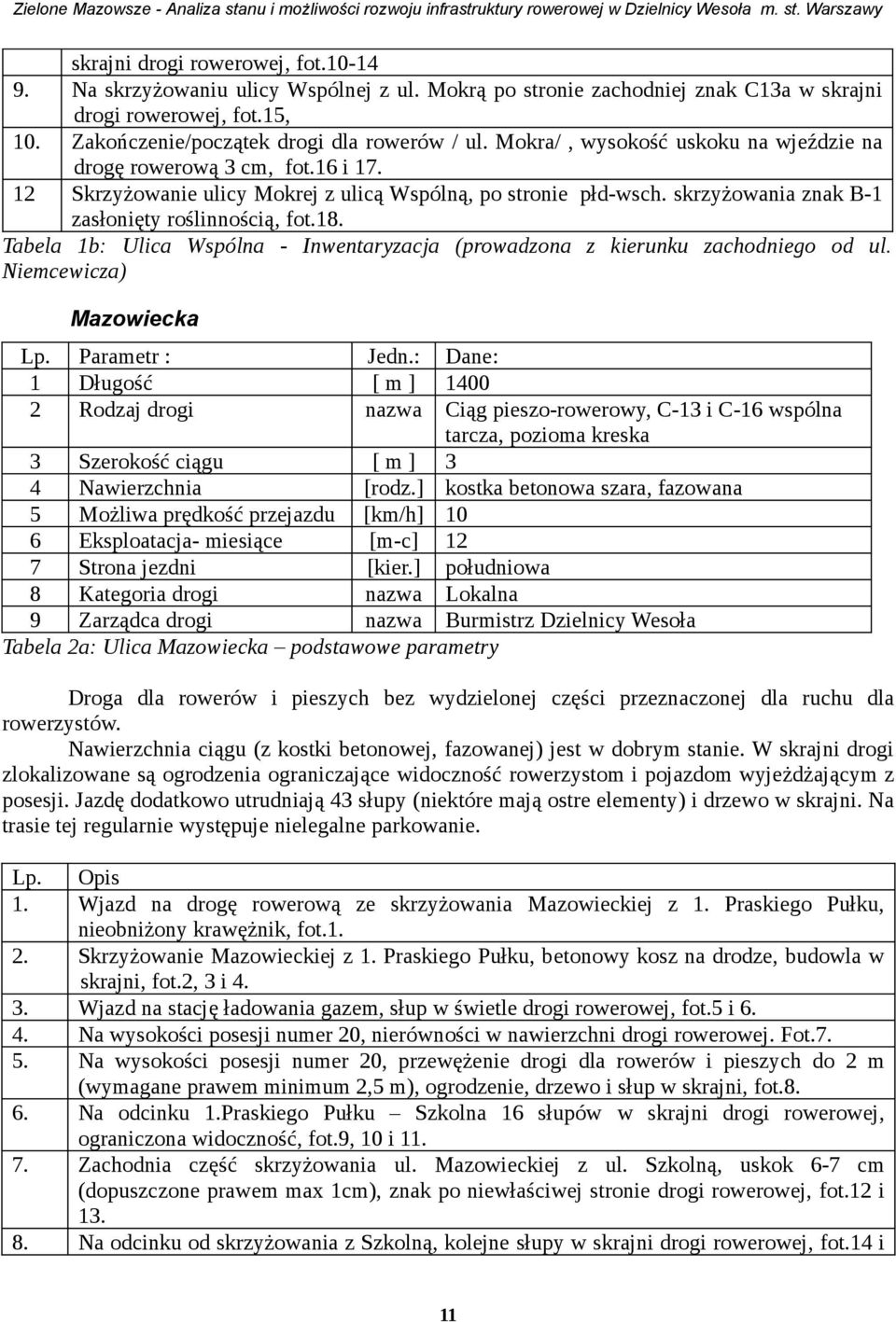 12 Skryżowanie ulicy Mokrej ulicą Wsólną, o stronie łd-wsch. skryżowania nak B-1 asłonięty roślinnością, fot.18. Tabela 1b: Ulica Wsólna - Inwentaryacja (rowadona kierunku achodniego od ul.