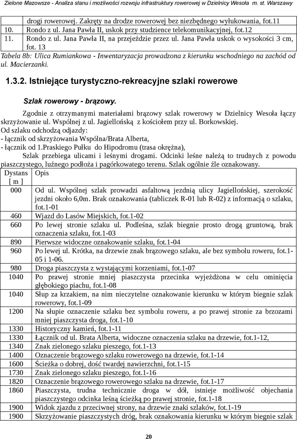 13 Tabela 8b: Ulica Rumiankowa - Inwentaryacja rowadona kierunku wschodniego na achód od ul. Macieranki. 1.3.2. Istniejące turystycno-rekreacyjne slaki rowerowe Slak rowerowy - brąowy.