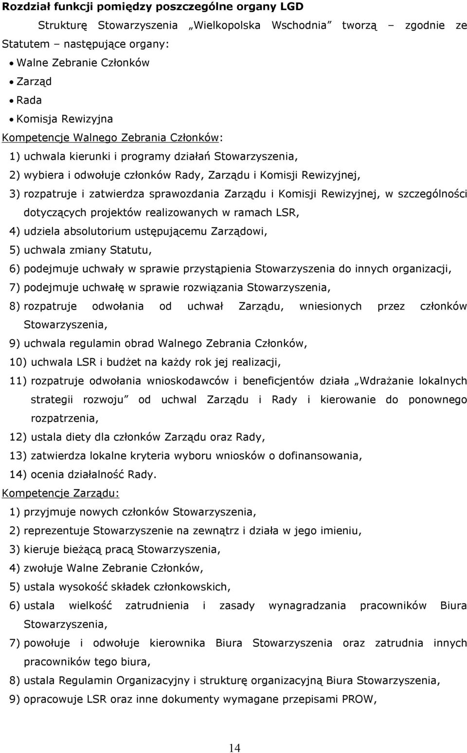 sprawozdania Zarządu i Komisji Rewizyjnej, w szczególności dotyczących projektów realizowanych w ramach LSR, 4) udziela absolutorium ustępującemu Zarządowi, 5) uchwala zmiany Statutu, 6) podejmuje