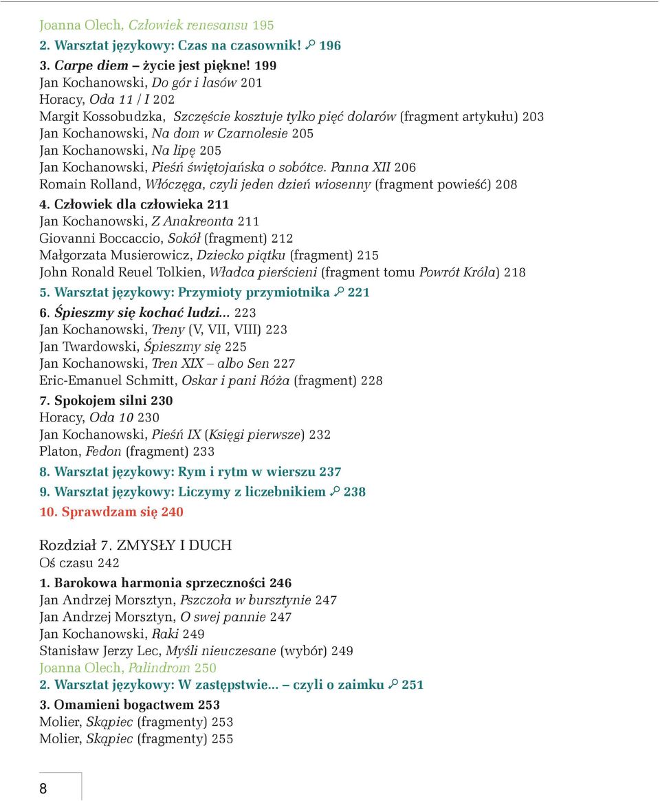 Kochanowski, Na lipę 205 Jan Kochanowski, Pieśń świętojańska o sobótce. Panna XII 206 Romain Rolland, Włóczęga, czyli jeden dzień wiosenny (fragment powieść) 208 4.