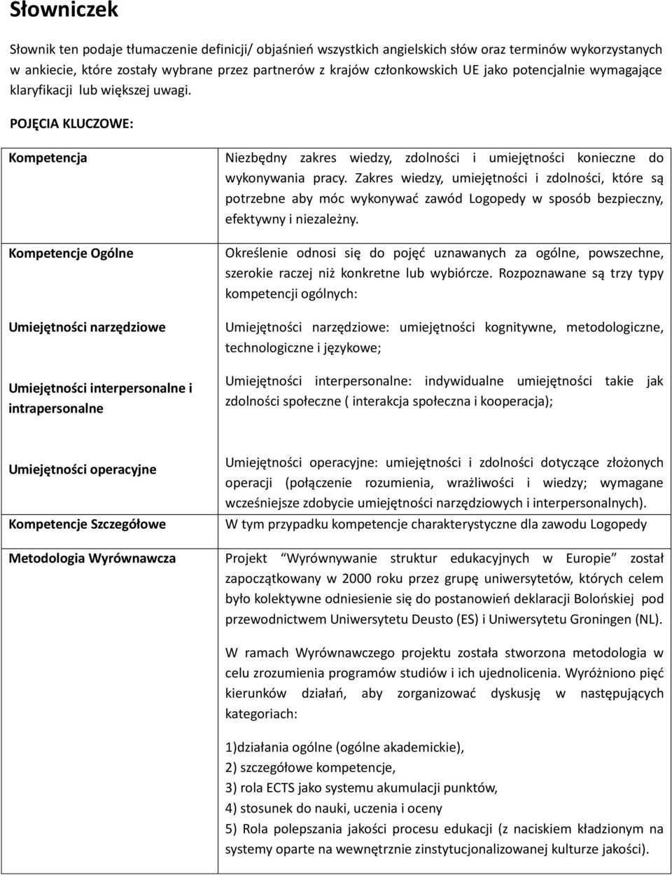 POJĘCIA KLUCZOWE: Kompetencja Kompetencje Ogólne Umiejętności narzędziowe Umiejętności interpersonalne i intrapersonalne Niezbędny zakres wiedzy, zdolności i umiejętności konieczne do wykonywania