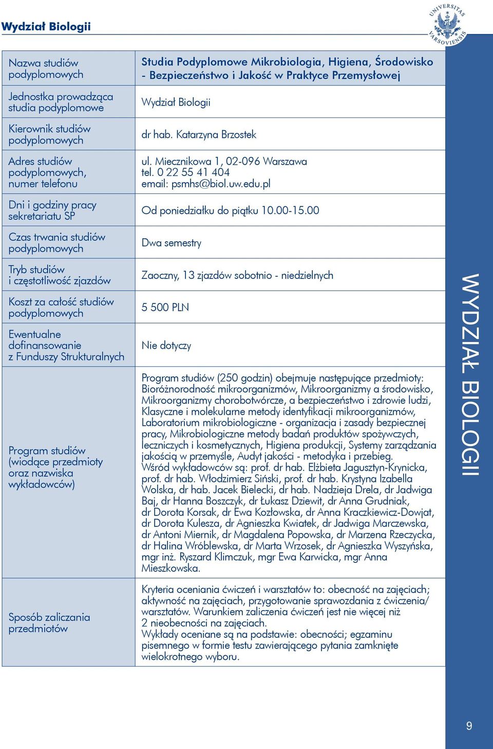 00 Dwa semestry Zaoczny, 13 zjazdów sobotnio - niedzielnych 5 500 PLN Nie dotyczy (250 godzin) obejmuje następujące przedmioty: Bioróżnorodność mikroorganizmów, Mikroorganizmy a środowisko,