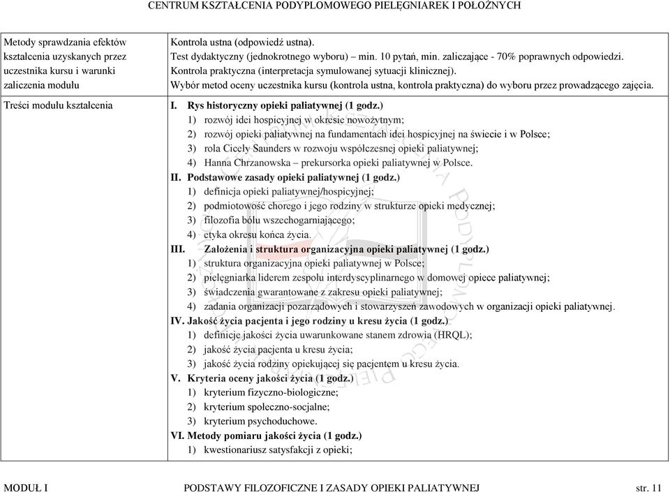 Wybór metod oceny uczestnika kursu (kontrola ustna, kontrola praktyczna) do wyboru przez prowadzącego zajęcia. I. Rys historyczny opieki paliatywnej (1 godz.