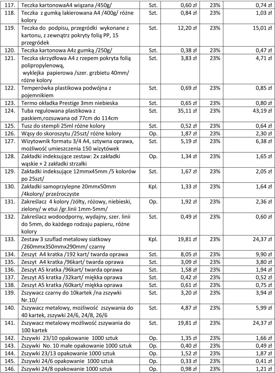 3,83 zł 23% 4,71 zł polipropylenową, wyklejka papierowa /szer. grzbietu 40mm/ różne 122. Temperówka plastikowa podwójna z Szt. 0,69 zł 23% 0,85 zł pojemnikiem 123.