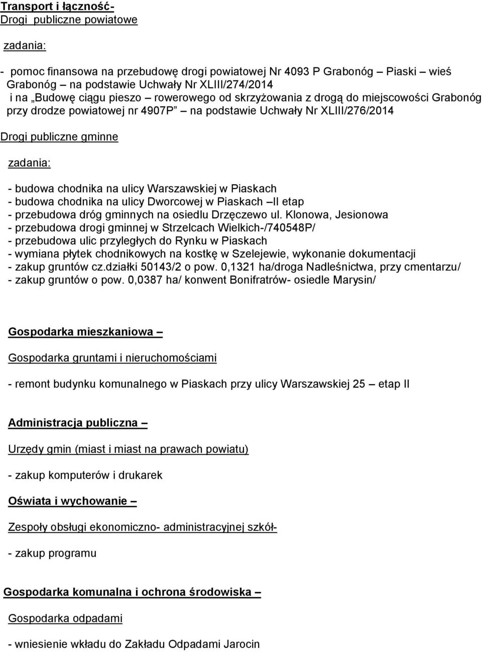 Warszawskiej w Piaskach - budowa chodnika na ulicy Dworcowej w Piaskach II etap - przebudowa dróg gminnych na osiedlu Drzęczewo ul.