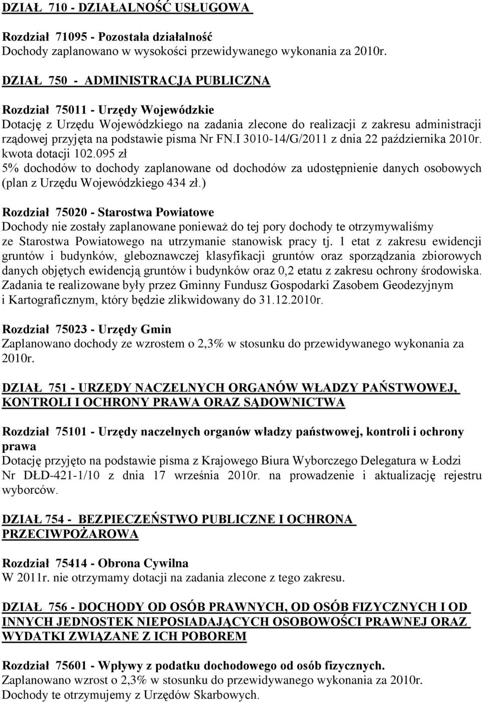 FN.I 3010-14/G/2011 z dnia 22 października 2010r. kwota dotacji 102.095 zł 5% dochodów to dochody zaplanowane od dochodów za udostępnienie danych osobowych (plan z Urzędu Wojewódzkiego 434 zł.