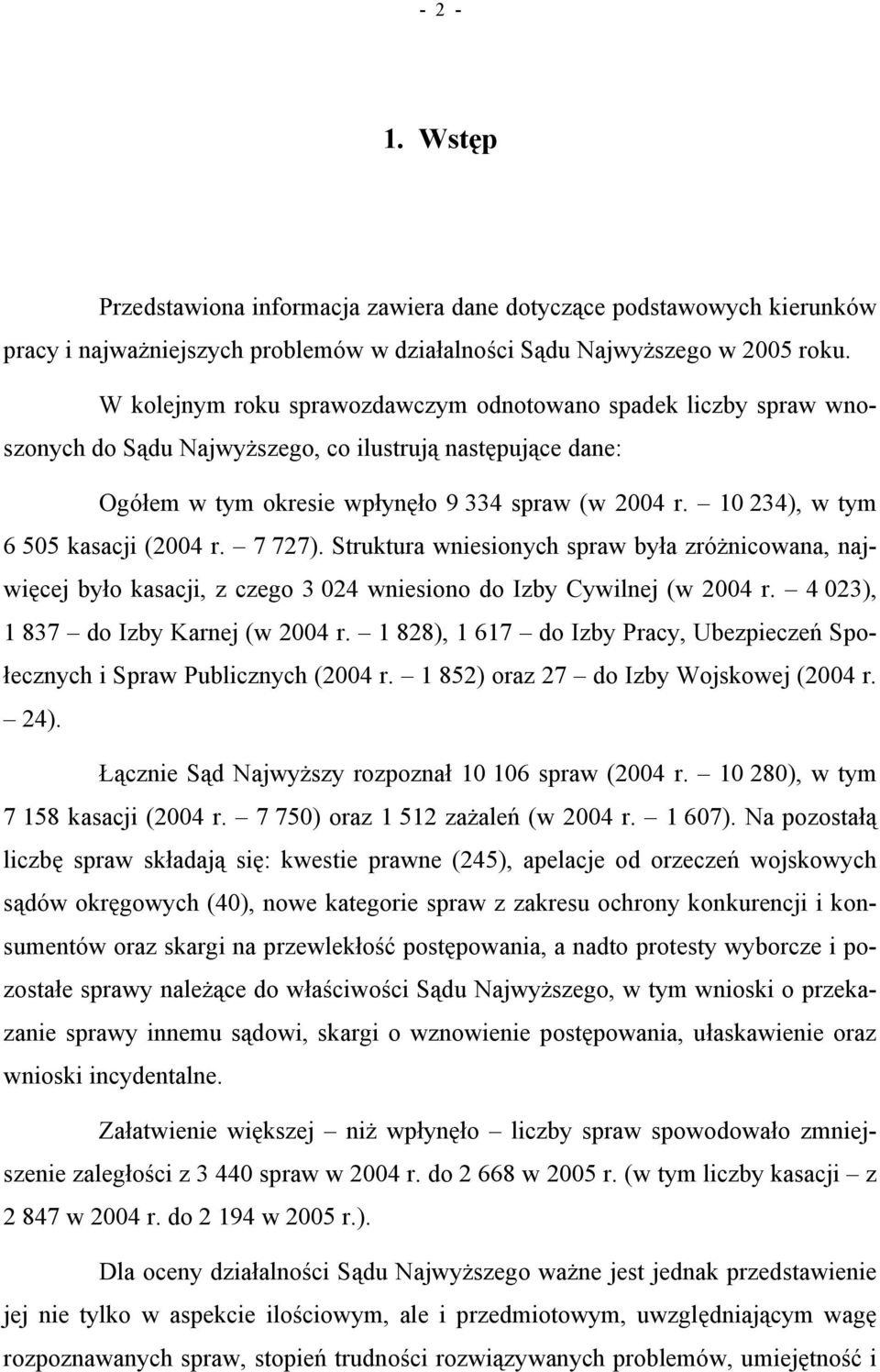 10 234), w tym 6 505 kasacji (2004 r. 7 727). Struktura wniesionych spraw była zróżnicowana, najwięcej było kasacji, z czego 3 024 wniesiono do Izby Cywilnej (w 2004 r.