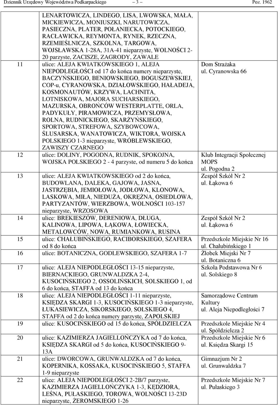 WOJSŁAWSKA 1-28A, 31A-41 nieparzyste, WOLNOŚCI 2-20 parzyste, ZACISZE, ZAGRODY, ZAWALE 11 ulice: ALEJA KWIATKOWSKIEGO 1, ALEJA NIEPODLEGŁOŚCI od 17 do końca numery nieparzyste, BACZYŃSKIEGO,