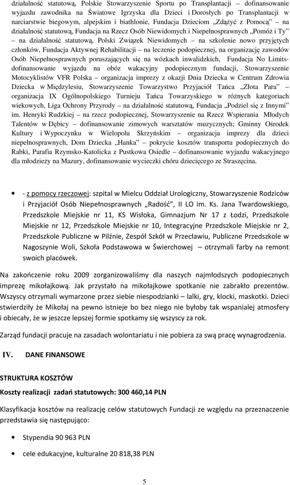 Niewidomych na szkolenie nowo przyjętych członków, Fundacja Aktywnej Rehabilitacji na leczenie podopiecznej, na organizację zawodów Osób Niepełnosprawnych poruszających się na wózkach inwalidzkich,