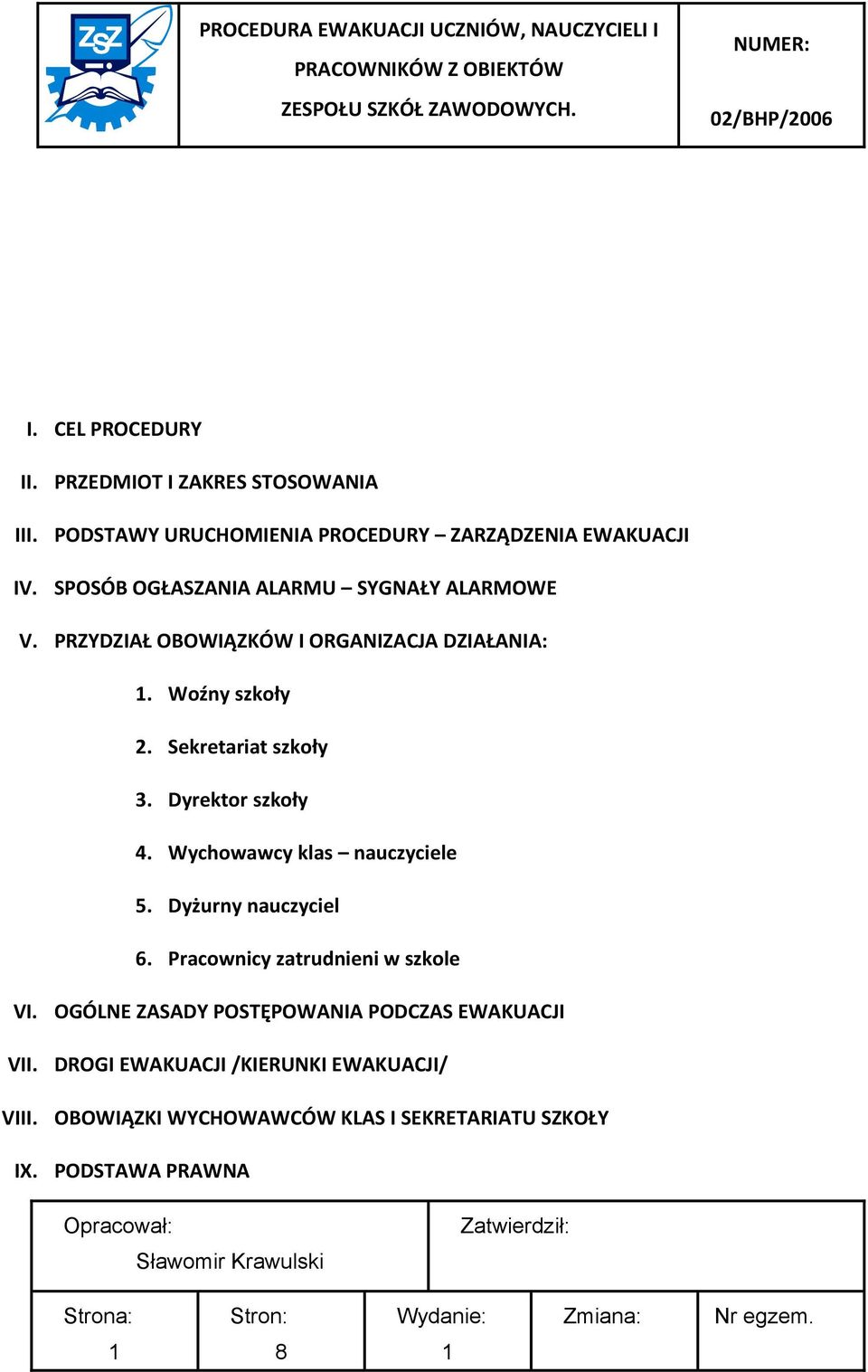 Dyrektor szkoły 4. Wychowawcy klas nauczyciele 5. Dyżurny nauczyciel 6. Pracownicy zatrudnieni w szkole VI.