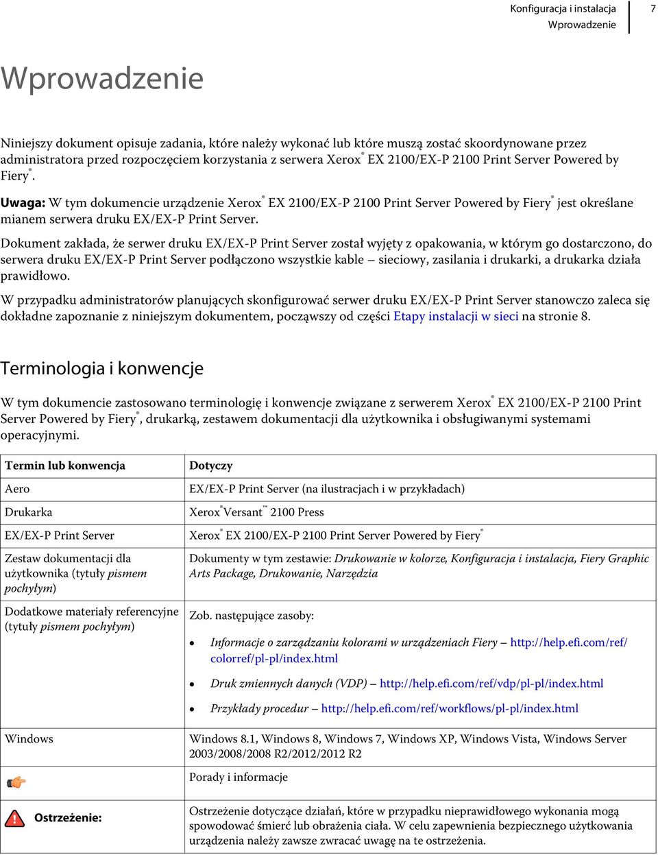 Dokument zakłada, że serwer druku EX/EX-P Print Server został wyjęty z opakowania, w którym go dostarczono, do serwera druku EX/EX-P Print Server podłączono wszystkie kable sieciowy, zasilania i