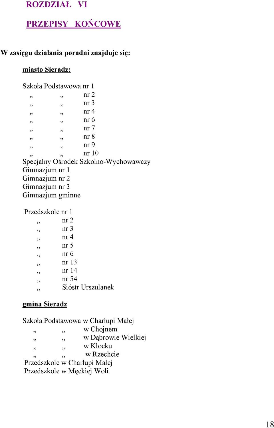 Gimnazjum gminne Przedszkole nr 1 nr 2 nr 3 nr 4 nr 5 nr 6 nr 13 nr 14 nr 54 Sióstr Urszulanek gmina Sieradz Szkoła