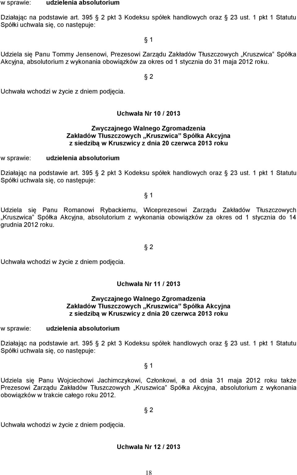 Uchwała Nr 10 / 2013  1 pkt 1 Statutu Udziela się Panu Romanowi Rybackiemu, Wiceprezesowi Zarządu Zakładów Tłuszczowych Kruszwica Spółka Akcyjna, absolutorium z wykonania obowiązków za okres od 1