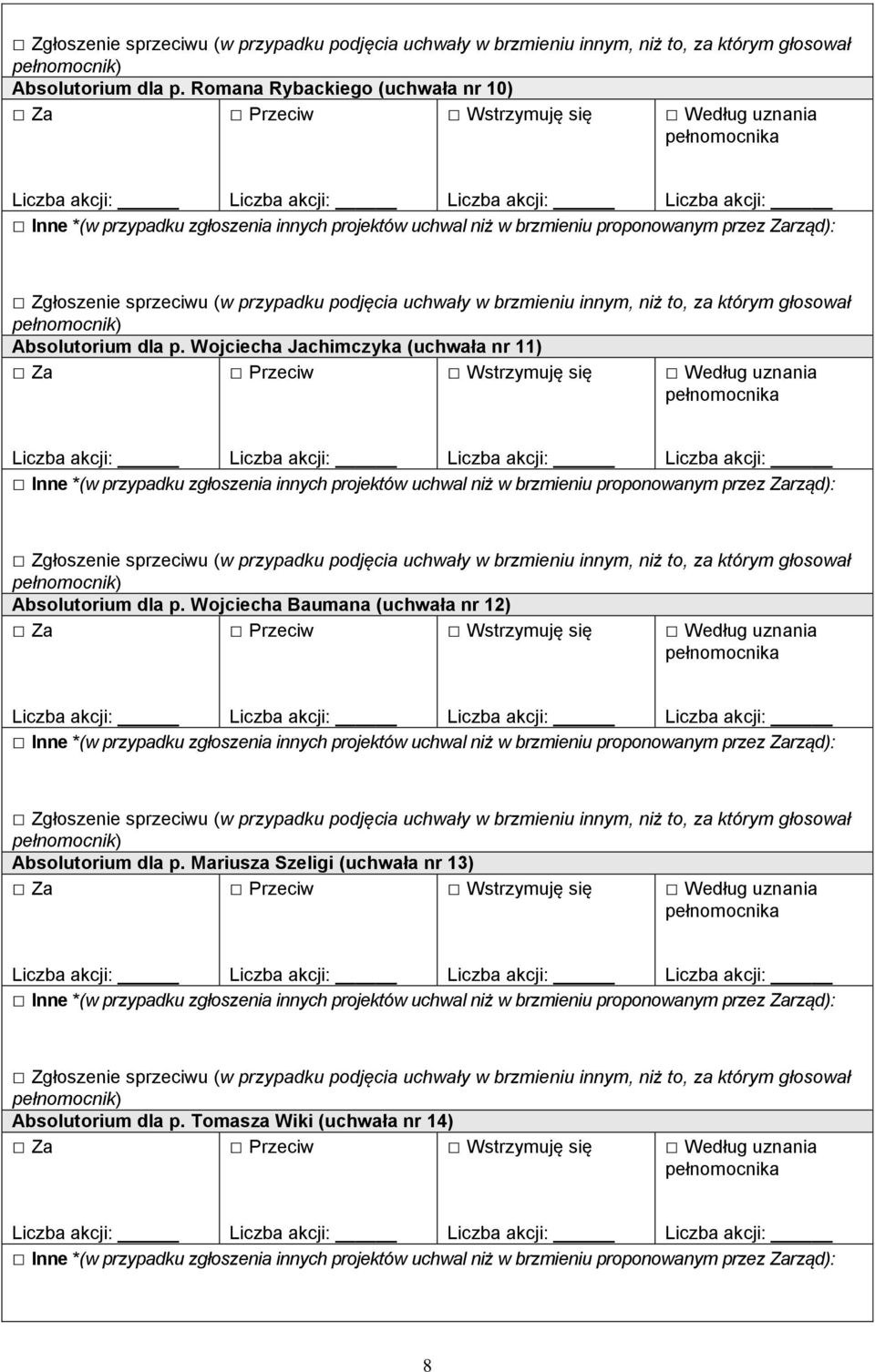 Wojciecha Baumana (uchwała nr 12) Inne *(w przypadku zgłoszenia innych projektów uchwal niż w brzmieniu proponowanym przez Zarząd): Absolutorium dla p.