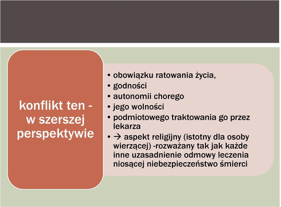 przez lekarza aspekt religijny (istotny dla osoby wierzącej) -rozważany