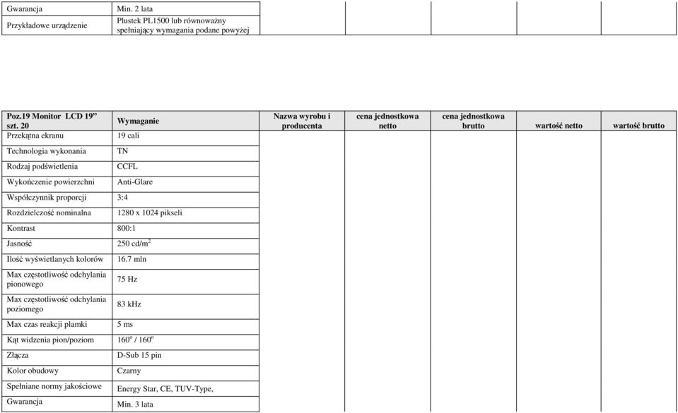 nominalna 1280 x 1024 pikseli Kontrast 800:1 Jasność 250 cd/m 2 Ilość wyświetlanych kolorów 16.